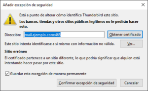 Advertencia de certificado en Thunderbird
